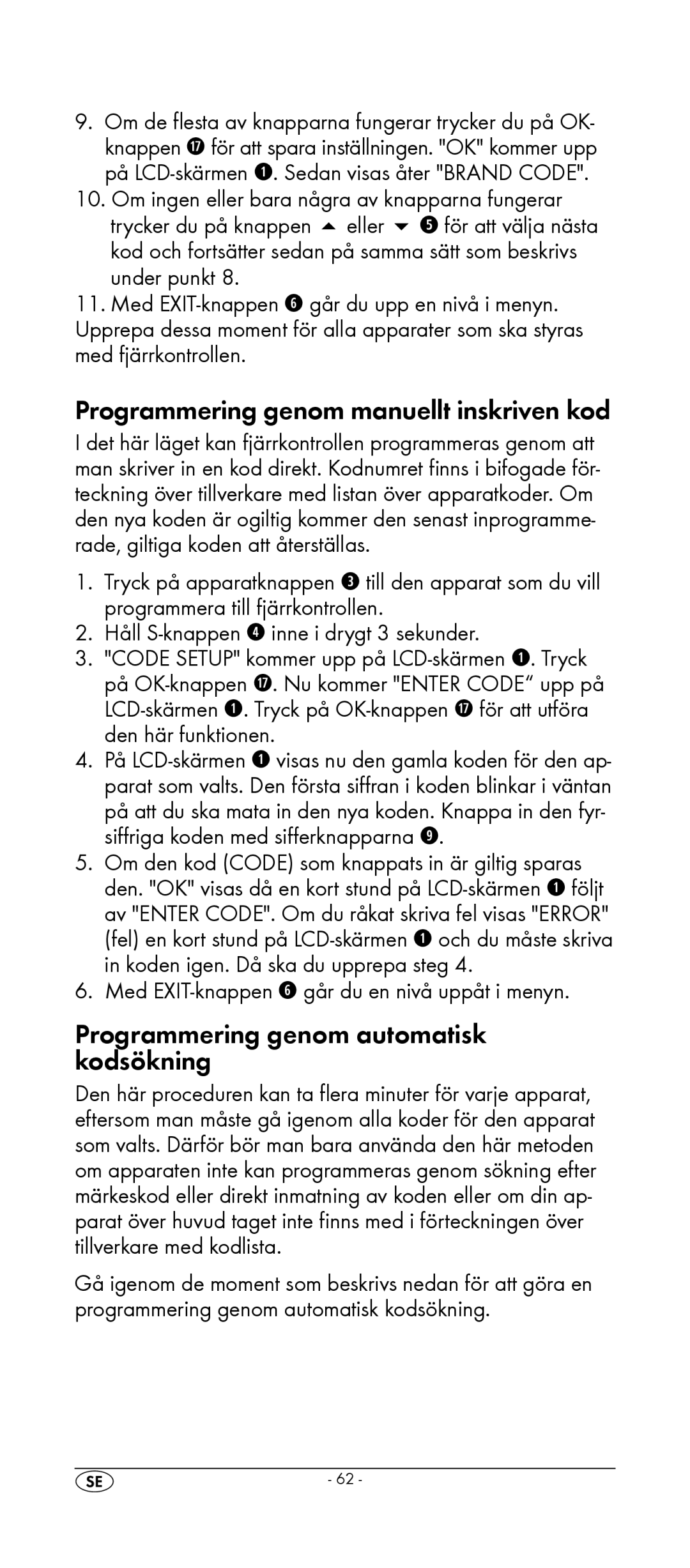 Silvercrest KH 2157 manual Programmering genom manuellt inskriven kod, Programmering genom automatisk kodsökning 