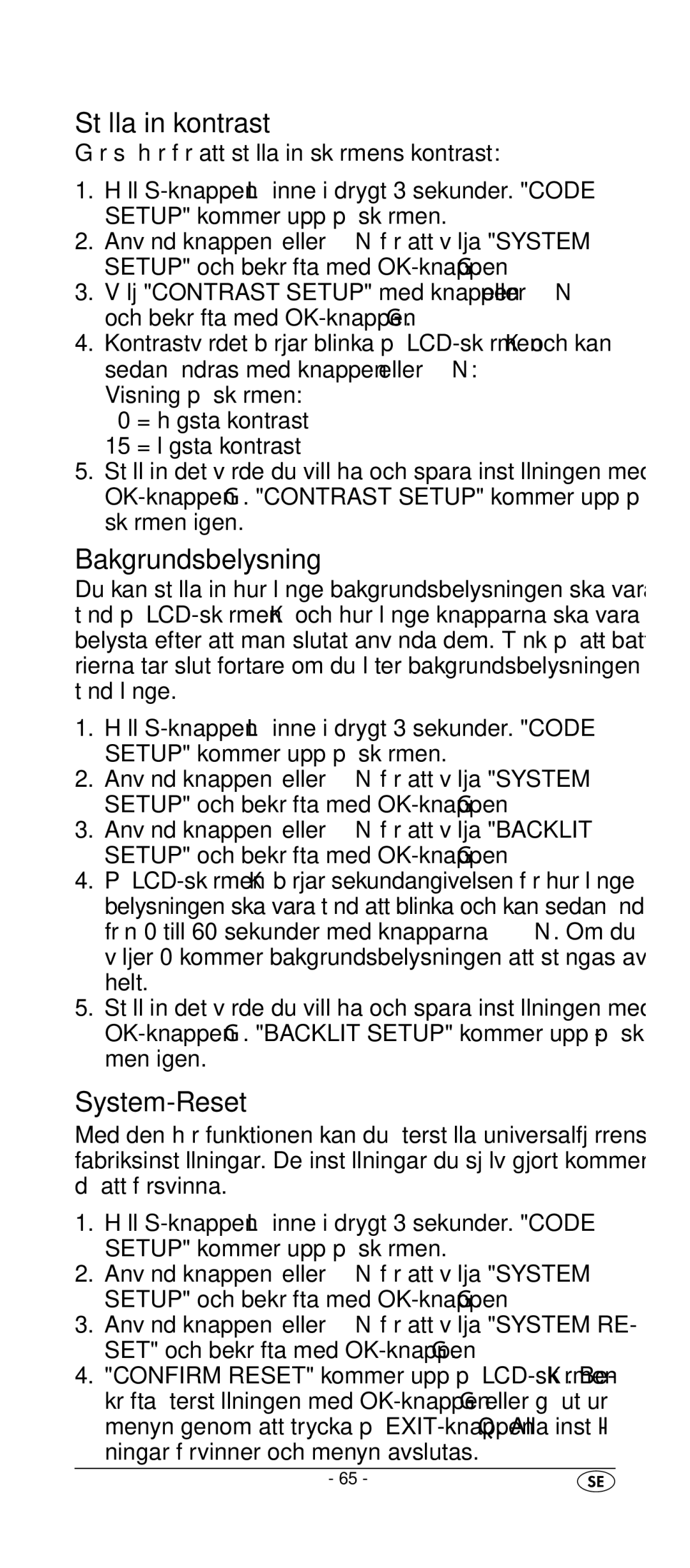 Silvercrest KH 2157 manual Ställa in kontrast, Bakgrundsbelysning, System-Reset, Ningar förvinner och menyn avslutas 