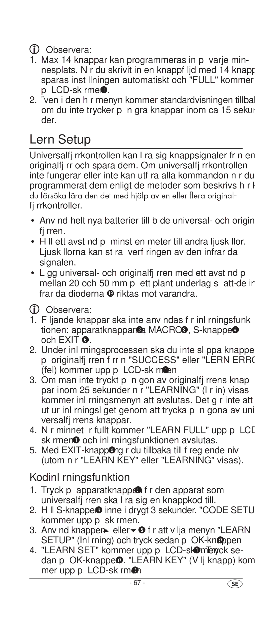 Silvercrest KH 2157 manual Lern Setup, Kodinlärningsfunktion 