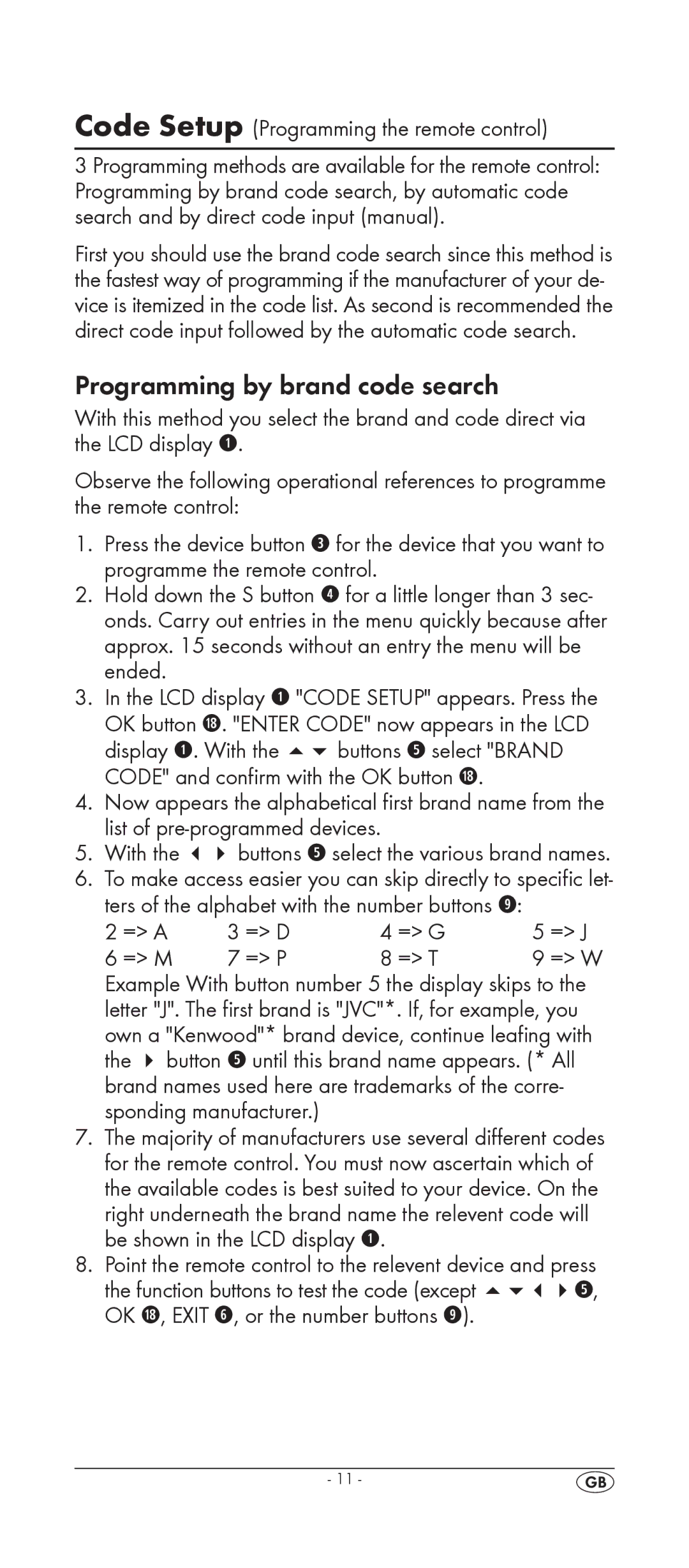 Silvercrest KH 2158 manual Programming by brand code search, Code Setup Programming the remote control 