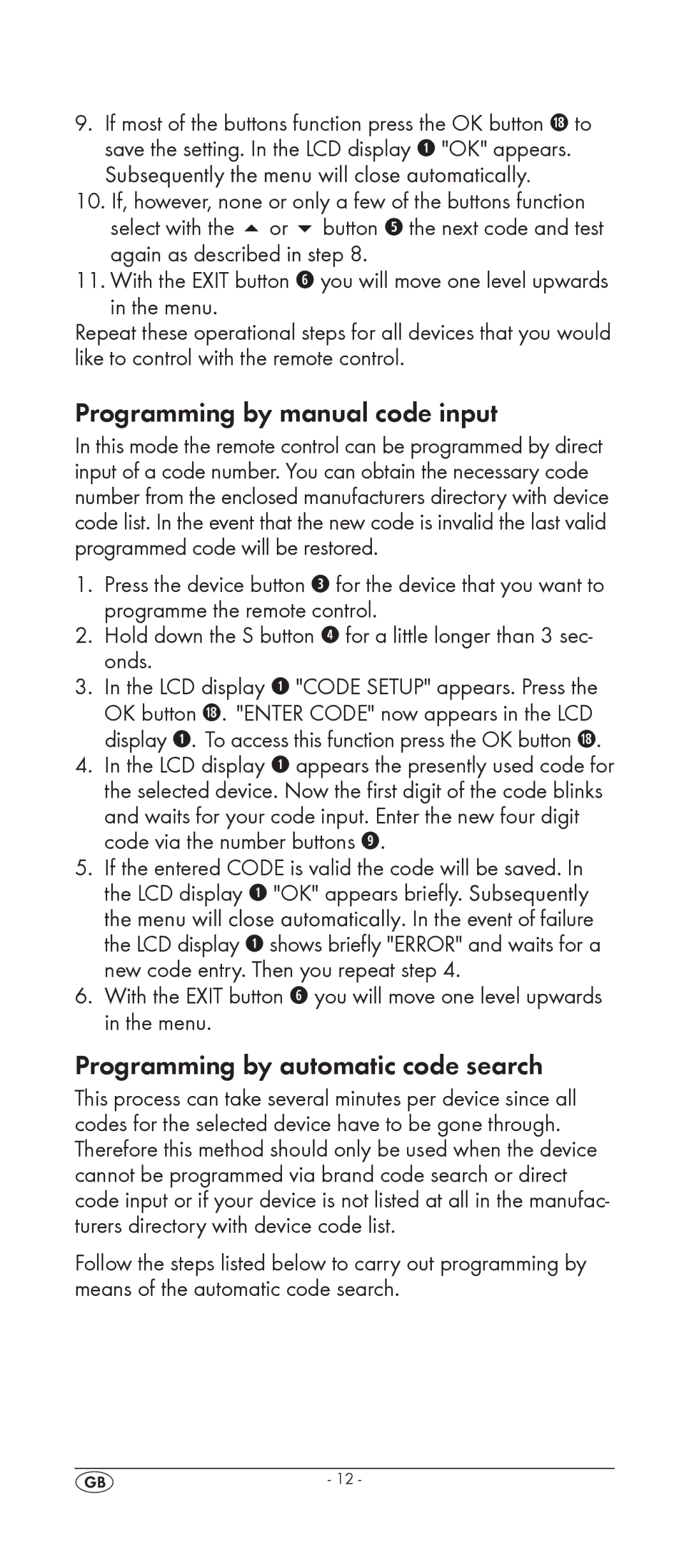 Silvercrest KH 2158 Programming by manual code input, Programming by automatic code search 