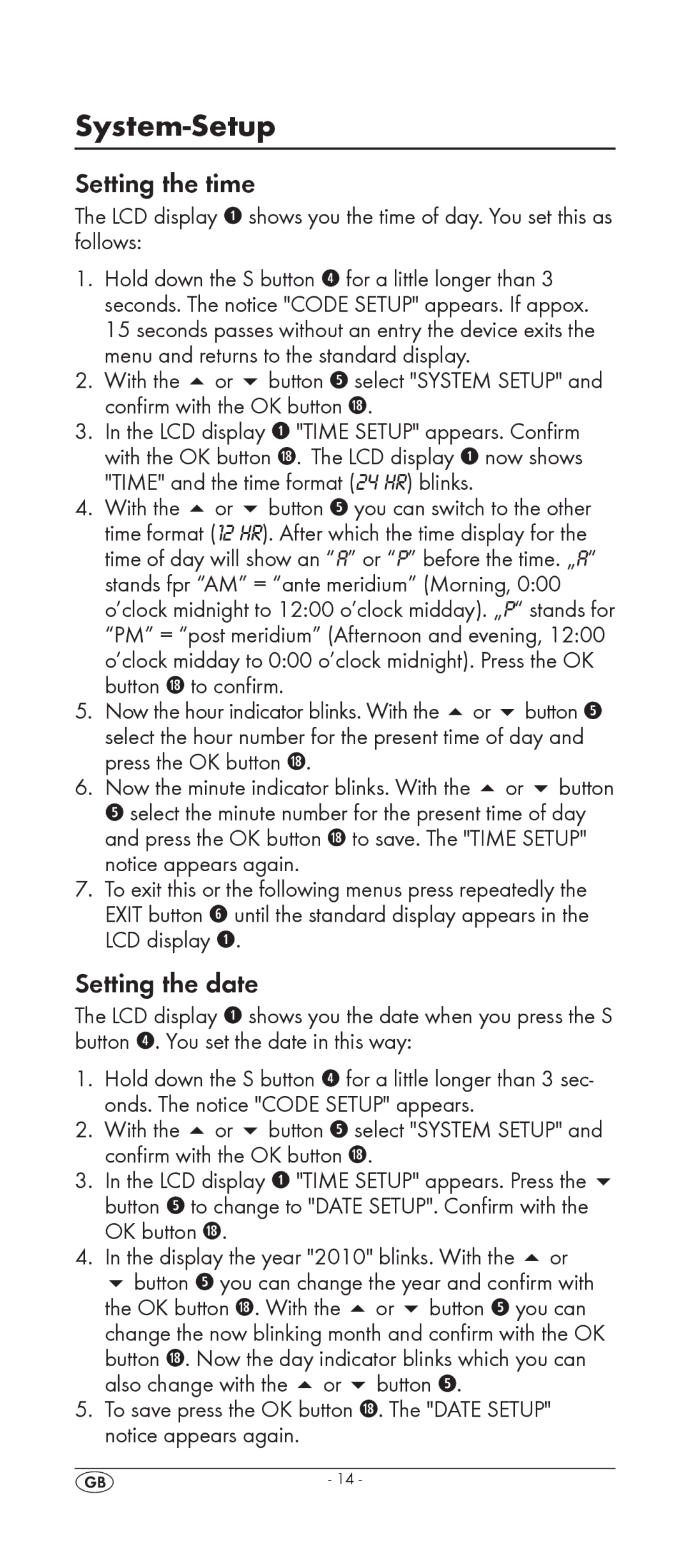 Silvercrest KH 2158 manual System-Setup, Setting the time, Setting the date 