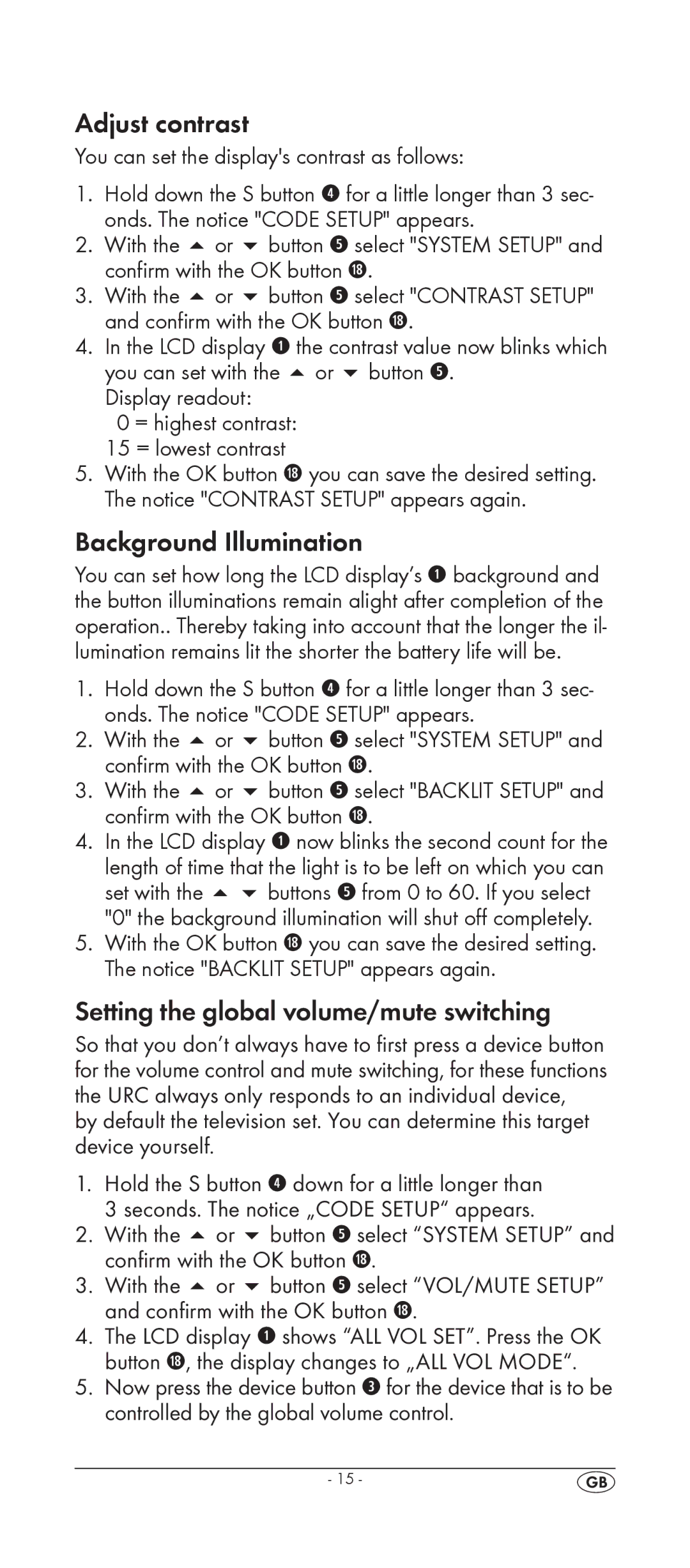 Silvercrest KH 2158 manual Adjust contrast, Background Illumination, Setting the global volume/mute switching 