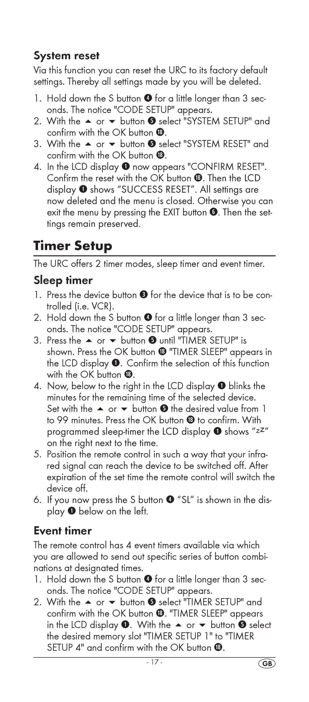 Silvercrest KH 2158 manual Timer Setup, System reset, Sleep timer, Event timer, Setup 4 and confirm with the OK button l 