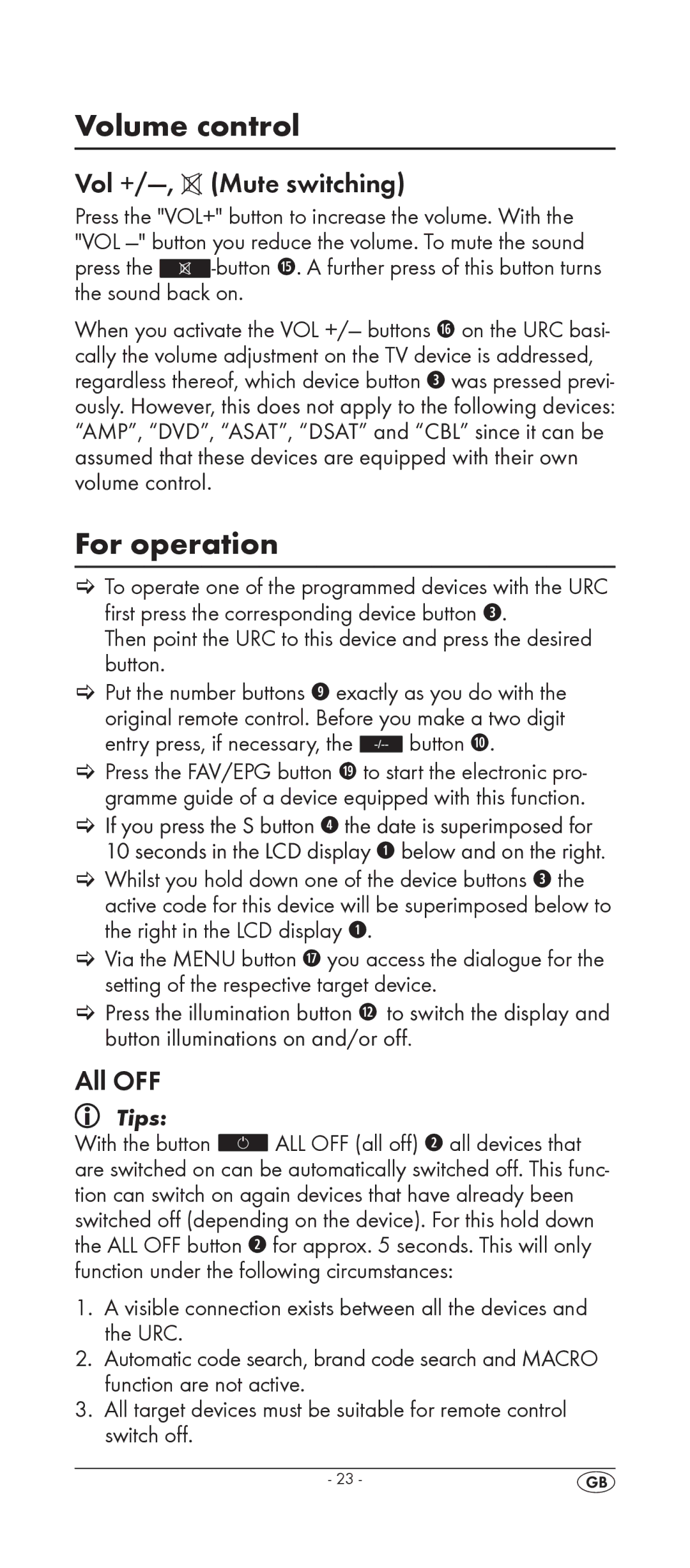 Silvercrest KH 2158 manual Volume control, For operation, Vol +/-, Mute switching, All OFF 