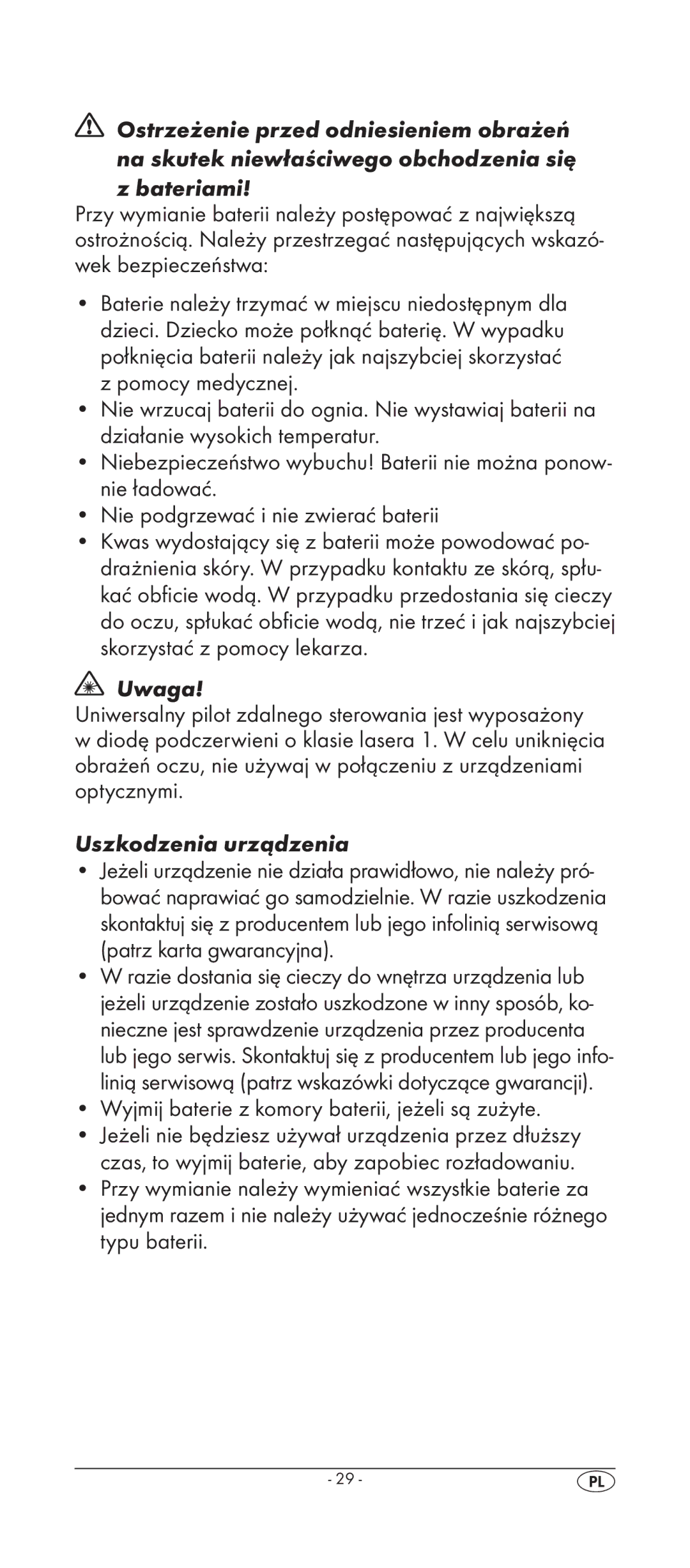 Silvercrest KH 2158 manual Uwaga, Wyjmij baterie z komory baterii, jeżeli są zużyte 