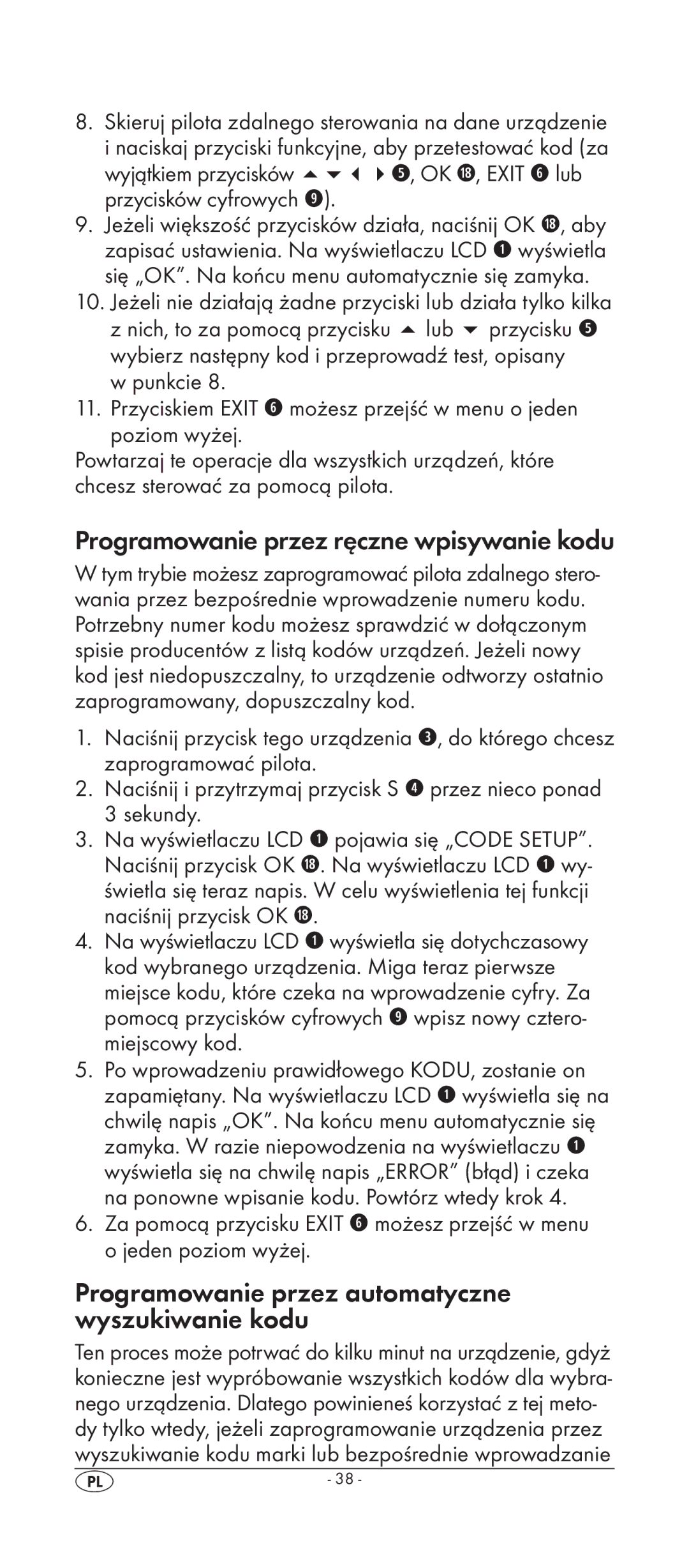 Silvercrest KH 2158 manual Programowanie przez ręczne wpisywanie kodu, Programowanie przez automatyczne wyszukiwanie kodu 