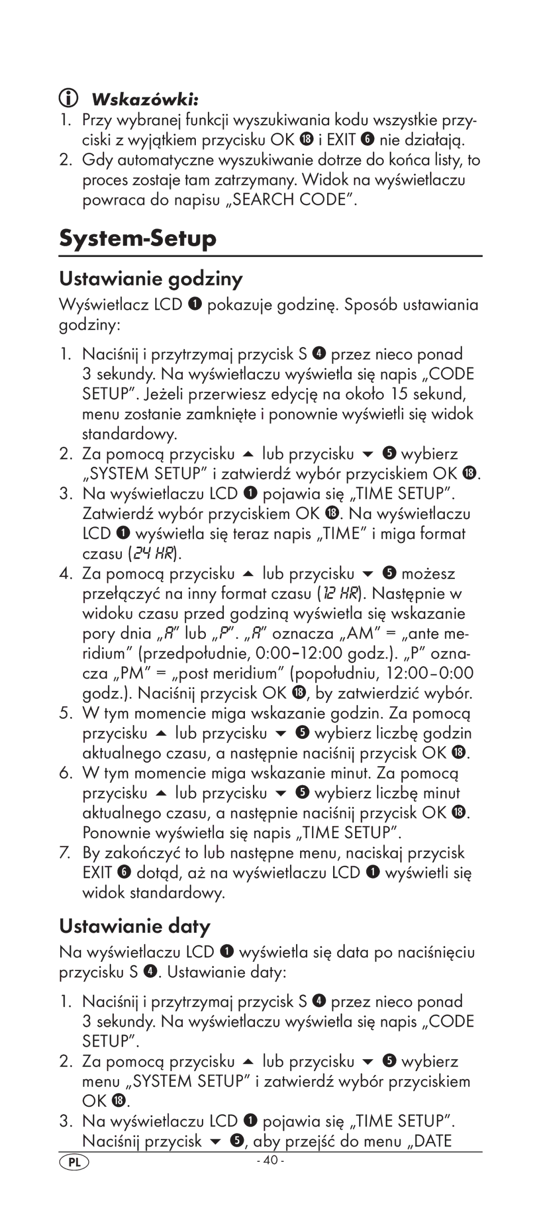 Silvercrest KH 2158 manual System-Setup, Ustawianie godziny, Ustawianie daty 