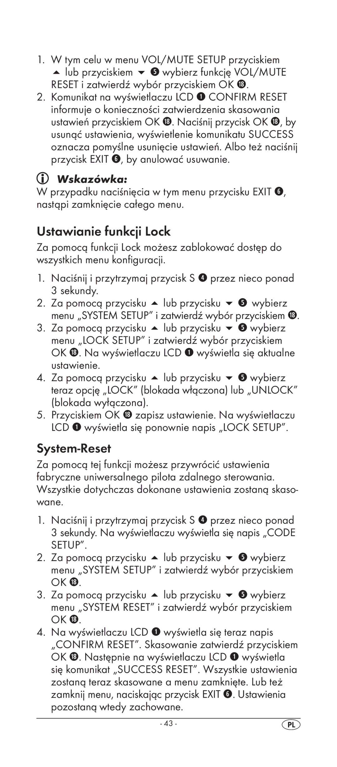 Silvercrest KH 2158 manual Ustawianie funkcji Lock, System-Reset 