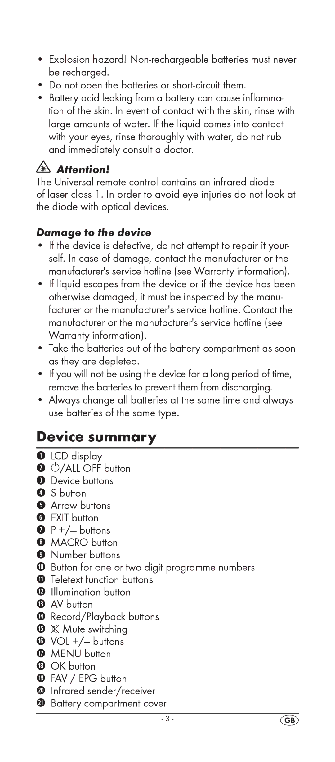 Silvercrest KH 2158 manual Device summary, VOL +/- buttons k Menu button l OK button FAV / EPG button 