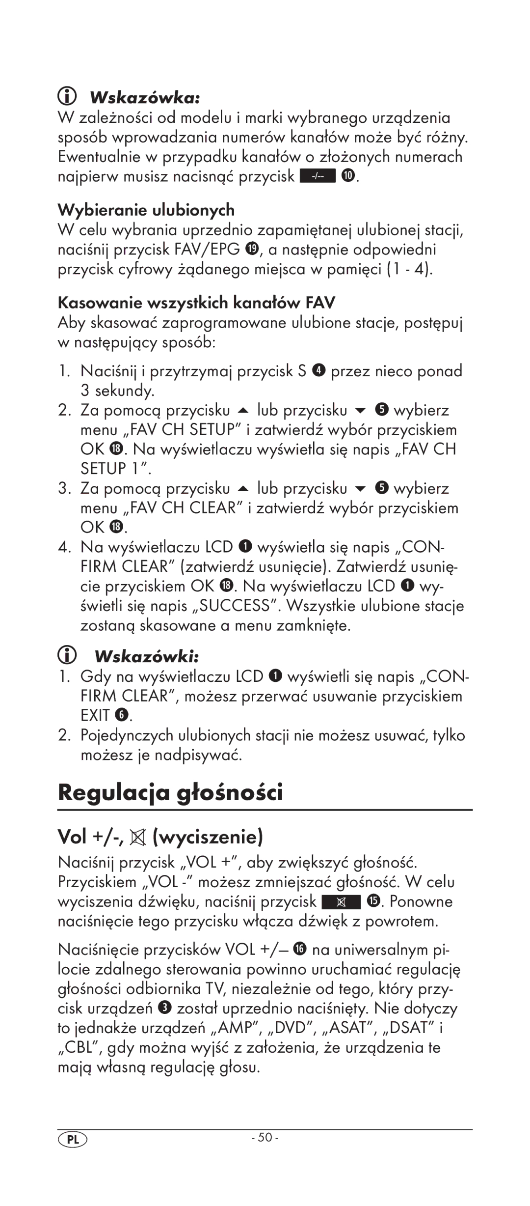 Silvercrest KH 2158 Regulacja głośności, Vol +/-, wyciszenie, Najpierw musisz nacisnąć przycisk Wybieranie ulubionych 