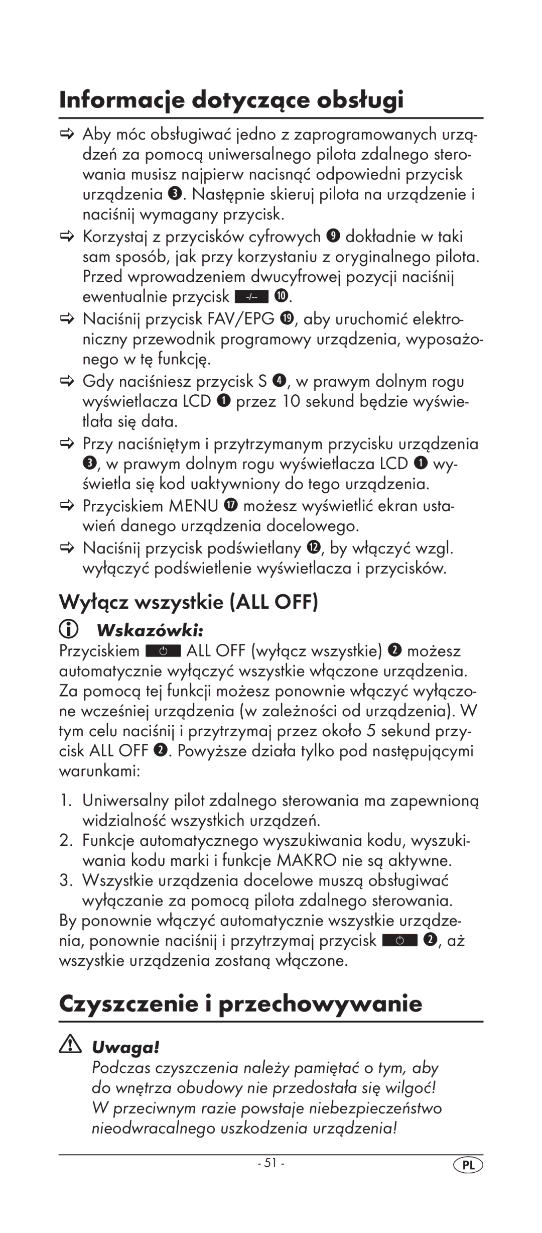 Silvercrest KH 2158 manual Informacje dotyczące obsługi, Czyszczenie i przechowywanie, Wyłącz wszystkie ALL OFF 