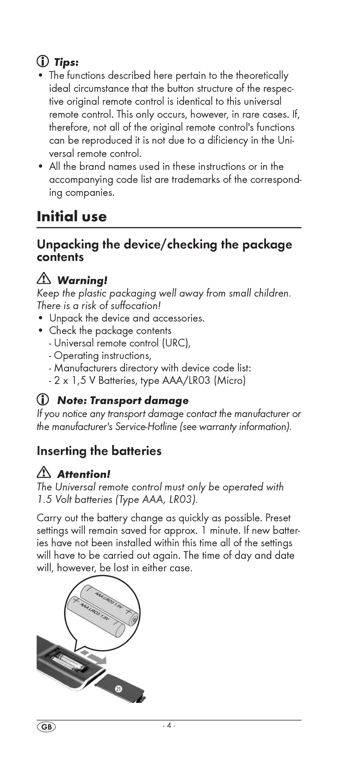 Silvercrest KH 2158 manual Initial use, Unpacking the device/checking the package contents, Inserting the batteries 