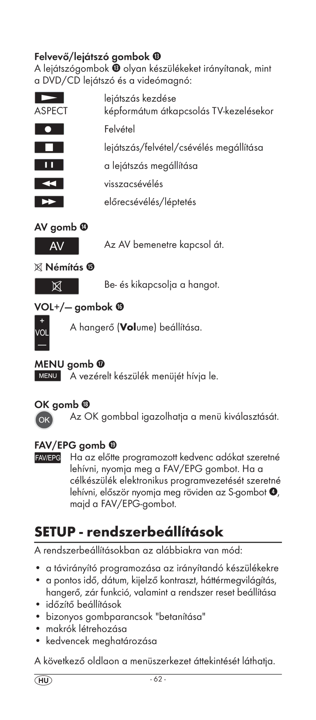 Silvercrest KH 2158 manual Setup rendszerbeállítások 