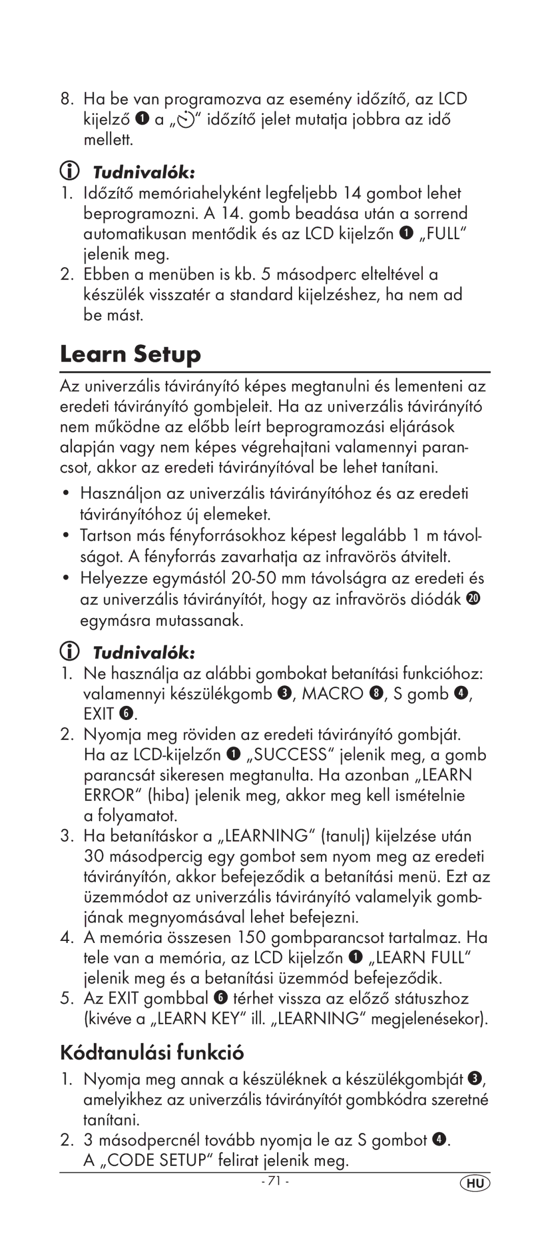 Silvercrest KH 2158 manual Learn Setup, Kódtanulási funkció 