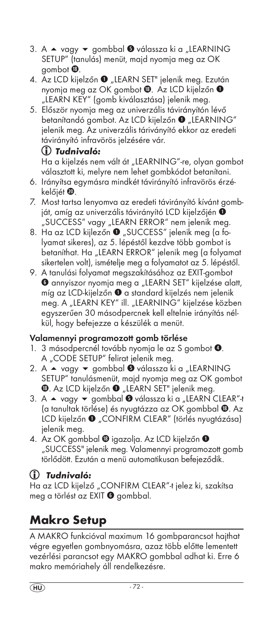 Silvercrest KH 2158 manual Makro Setup, Valamennyi programozott gomb törlése 