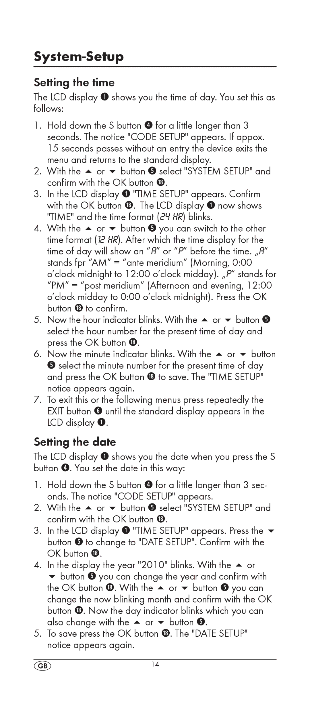 Silvercrest KH 2159 manual System-Setup, Setting the time, Setting the date 