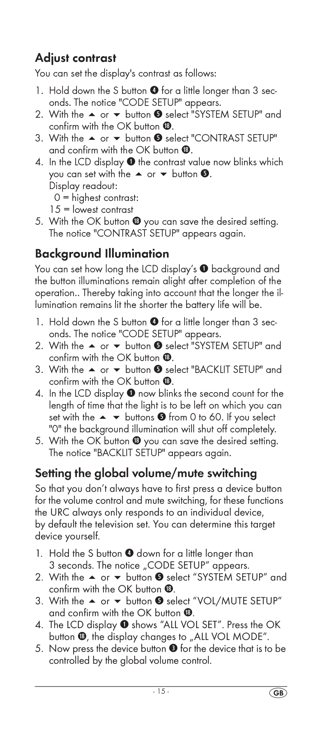 Silvercrest KH 2159 manual Adjust contrast, Background Illumination, Setting the global volume/mute switching 