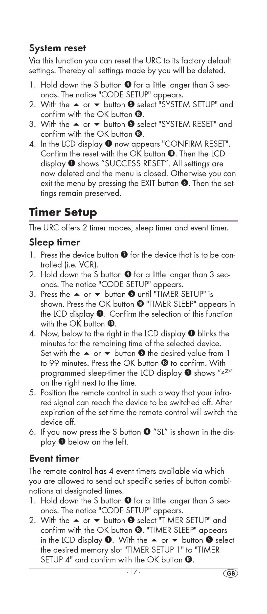 Silvercrest KH 2159 manual Timer Setup, System reset, Sleep timer, Event timer, Setup 4 and confirm with the OK button l 