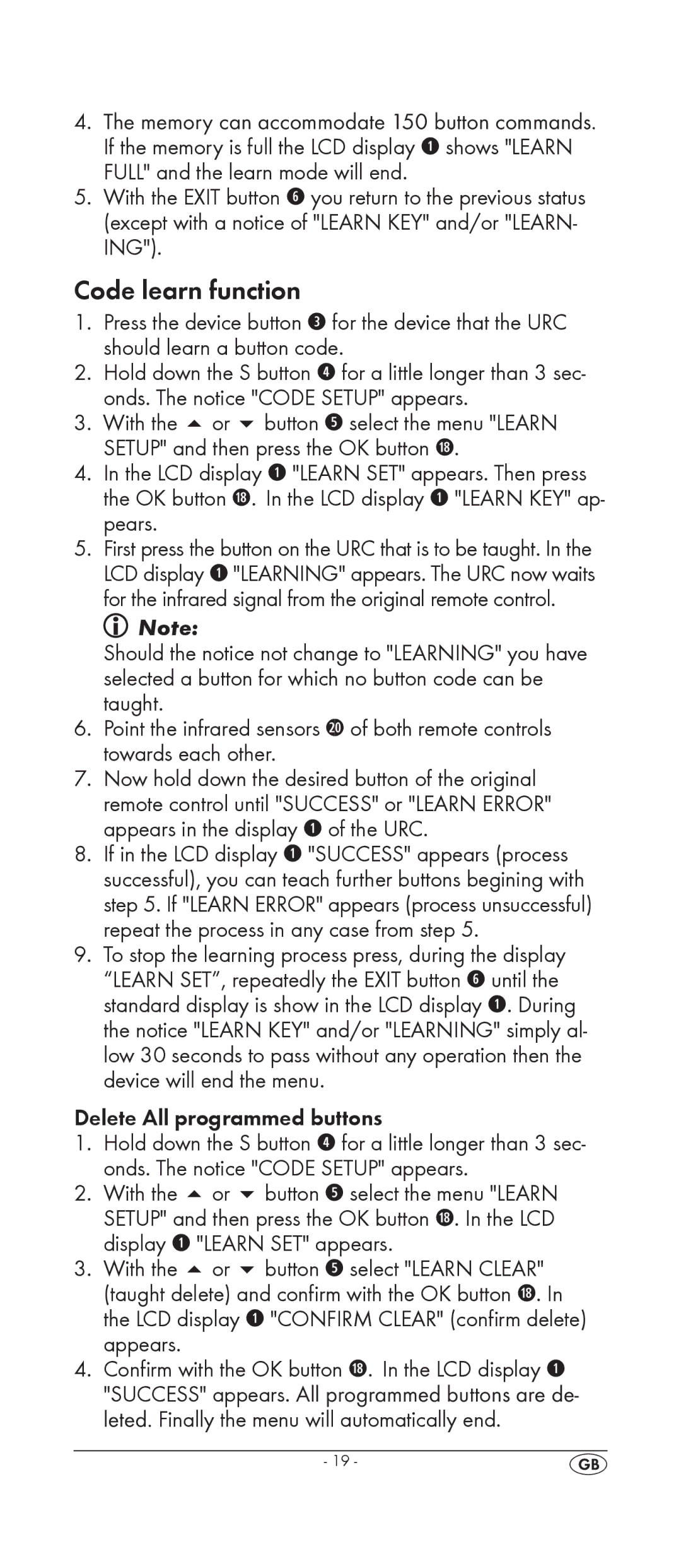 Silvercrest KH 2159 manual Code learn function, Delete All programmed buttons 