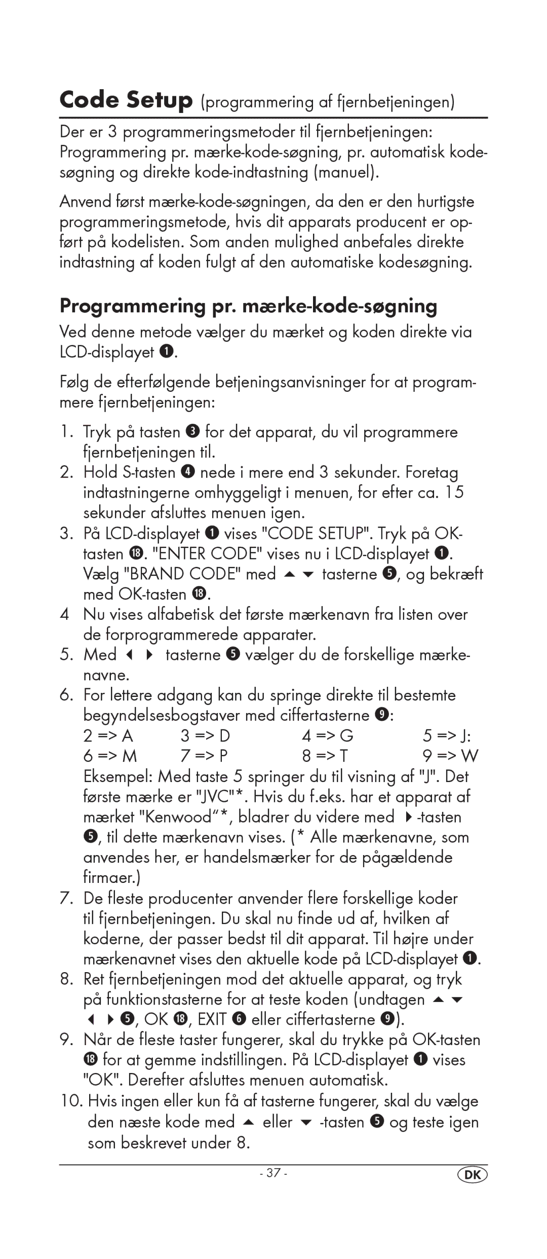 Silvercrest KH 2159 manual Programmering pr. mærke-kode-søgning, Code Setup programmering af fjernbetjeningen 