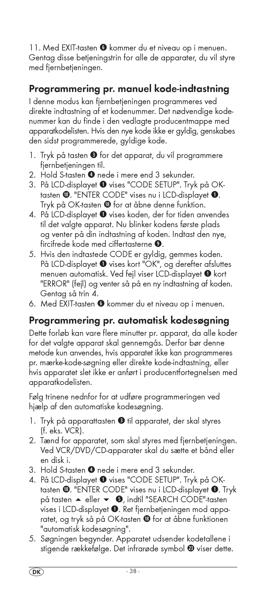 Silvercrest KH 2159 manual Programmering pr. manuel kode-indtastning, Programmering pr. automatisk kodesøgning 