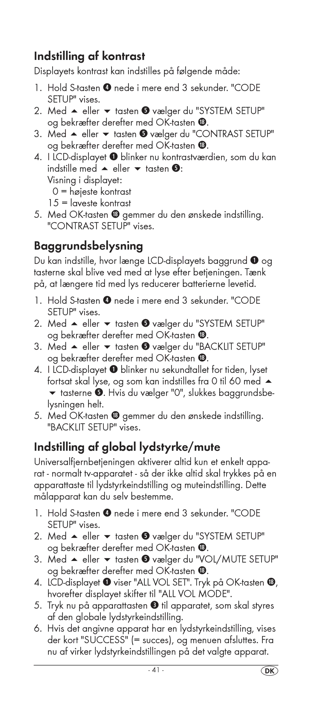 Silvercrest KH 2159 manual Indstilling af kontrast, Baggrundsbelysning, Indstilling af global lydstyrke/mute 