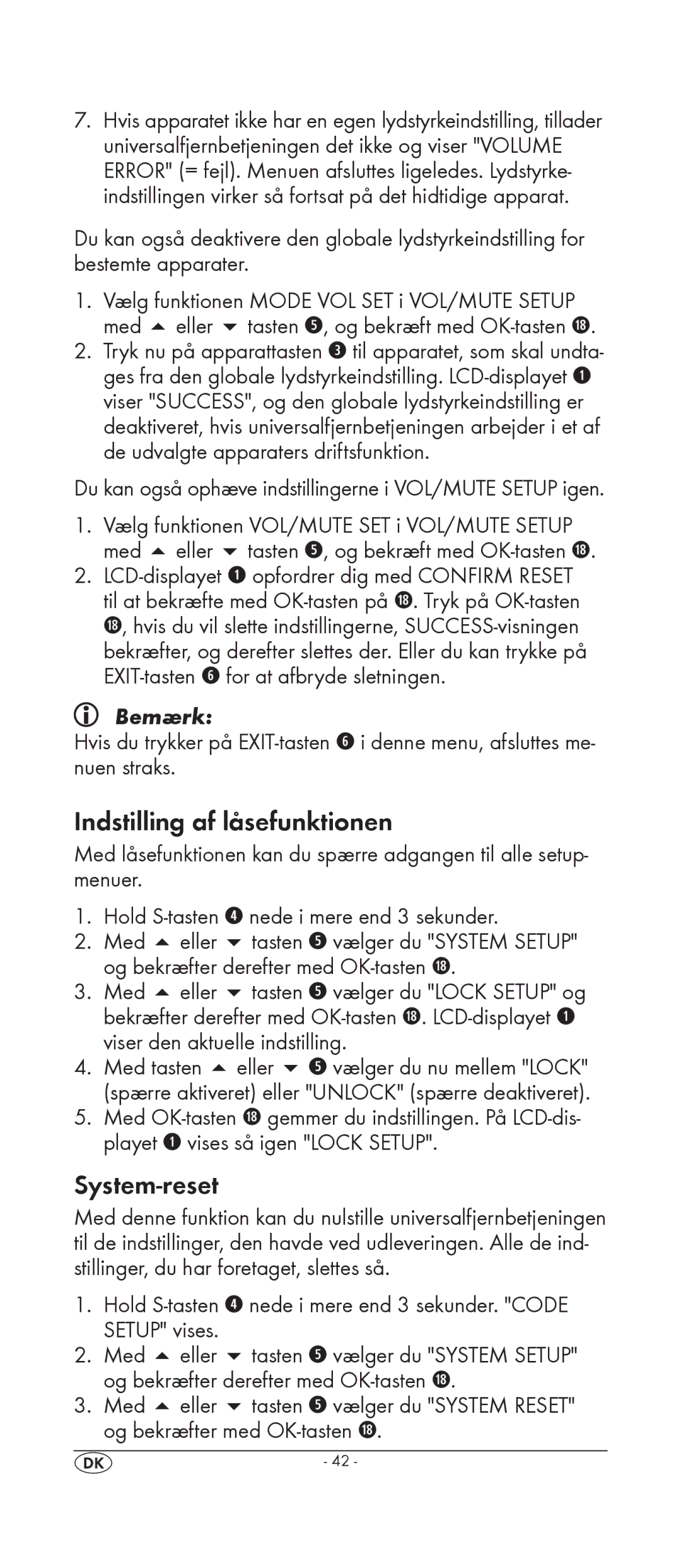 Silvercrest KH 2159 manual Indstilling af låsefunktionen, System-reset 