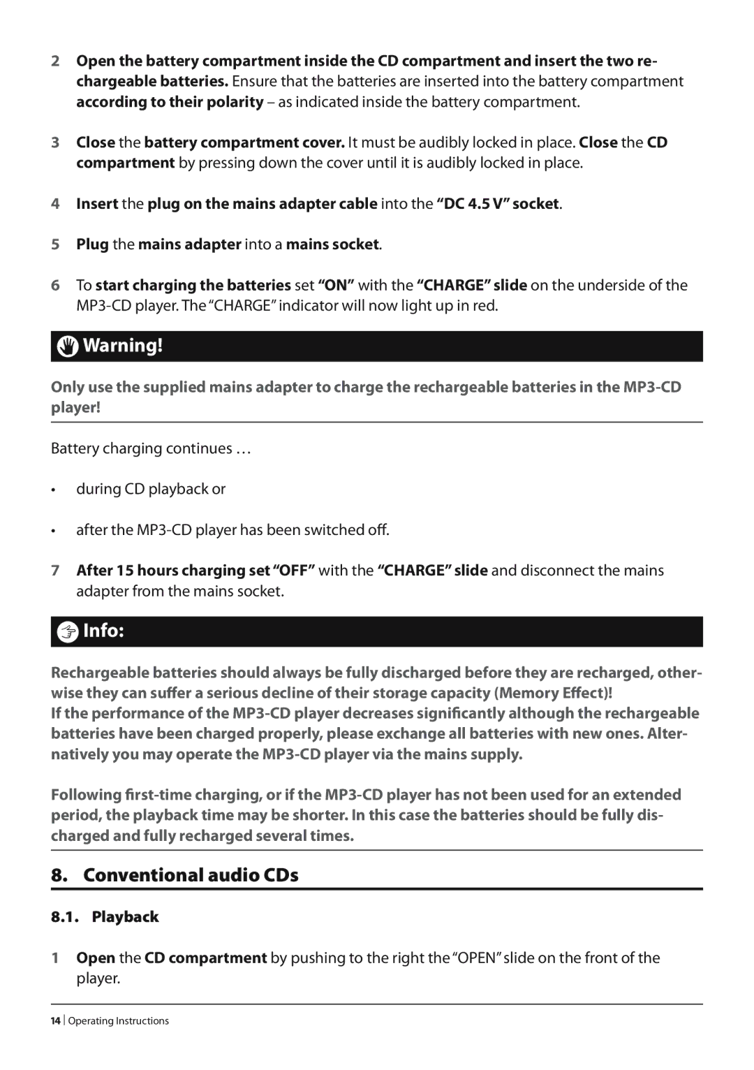 Silvercrest KH 2277 operating instructions Conventional audio CDs, Playback 