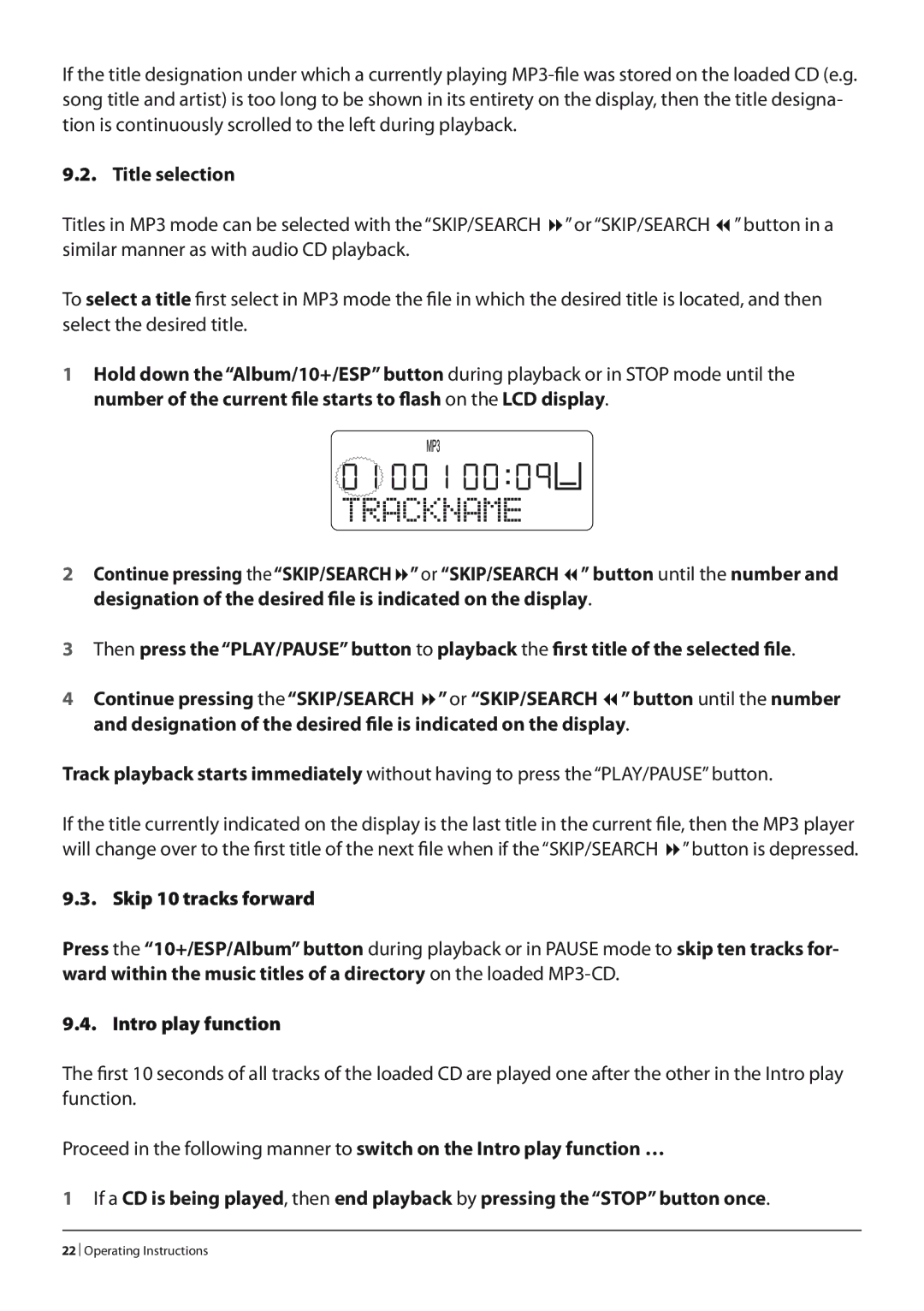 Silvercrest KH 2277 operating instructions Title selection, Skip 10 tracks forward 