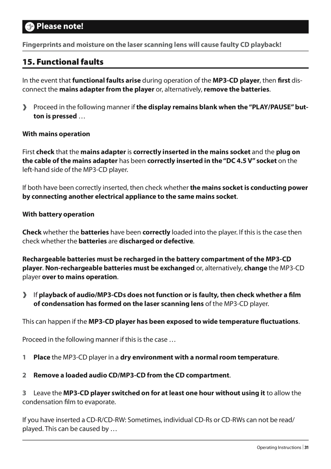 Silvercrest KH 2277 operating instructions Functional faults, With battery operation 