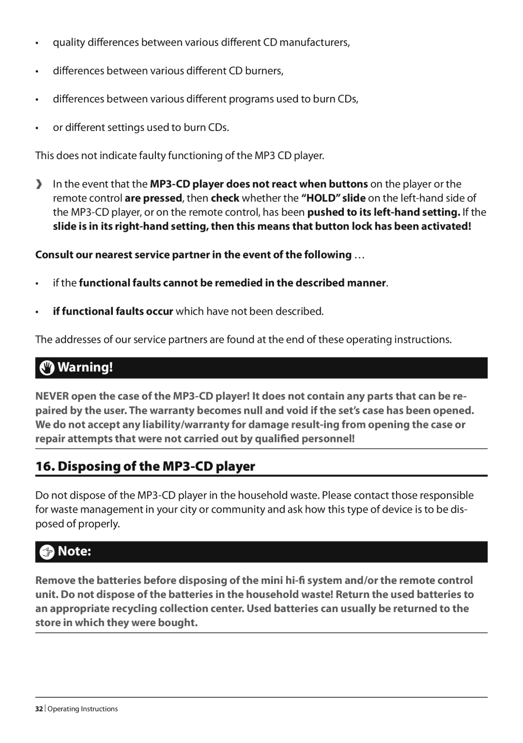 Silvercrest KH 2277 operating instructions Disposing of the MP3-CD player 