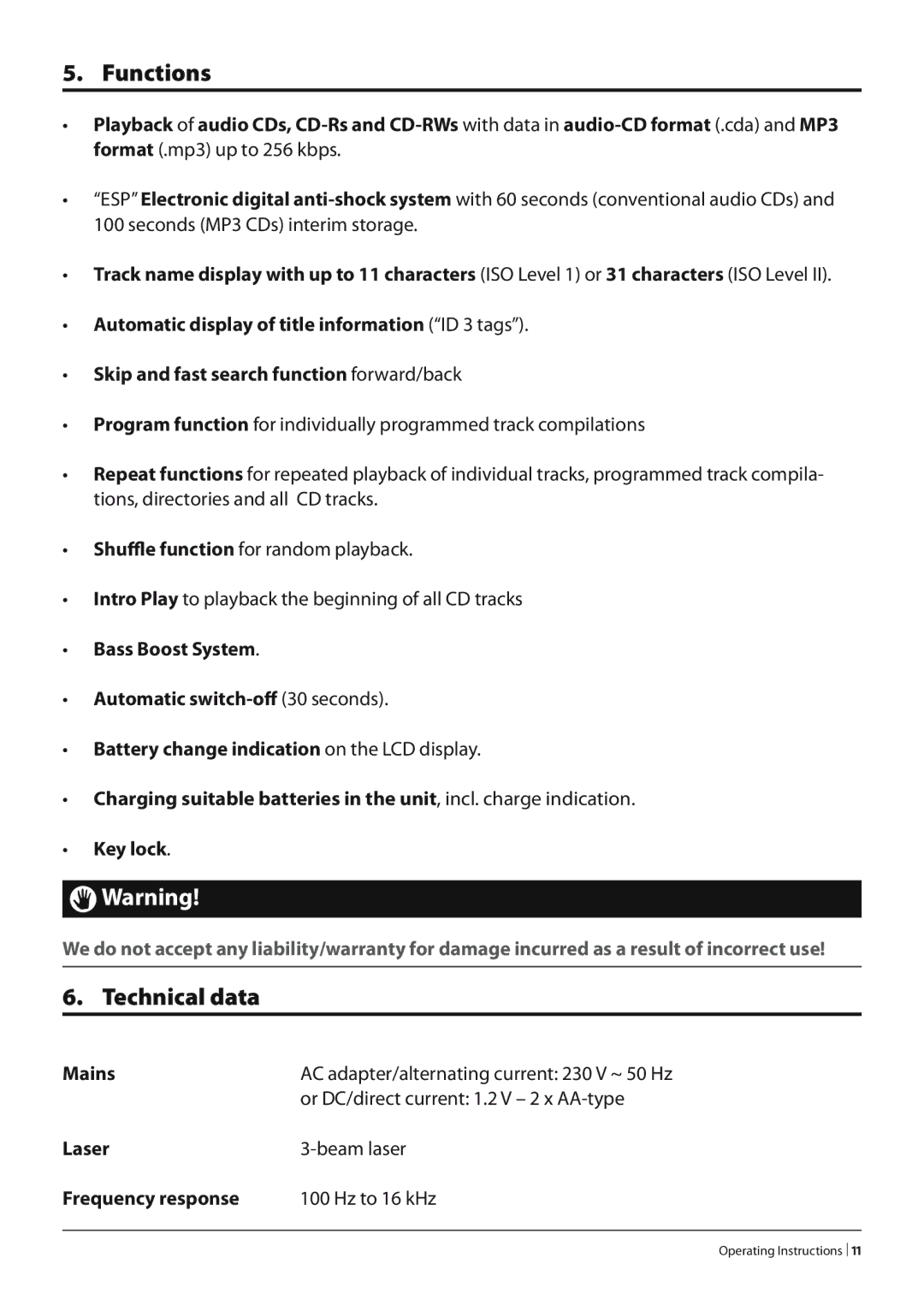 Silvercrest KH 2277 operating instructions Functions, Technical data, Mains, Laser, Frequency response 