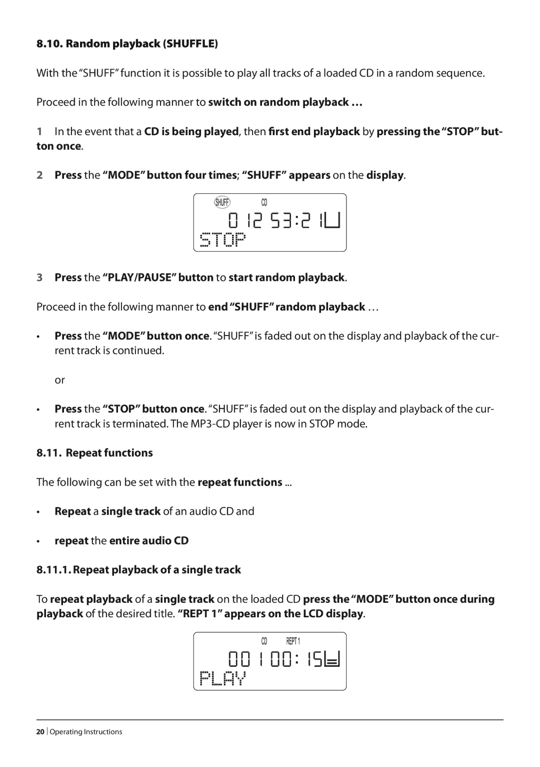 Silvercrest KH 2278 manual Random playback Shuffle, Repeat functions 