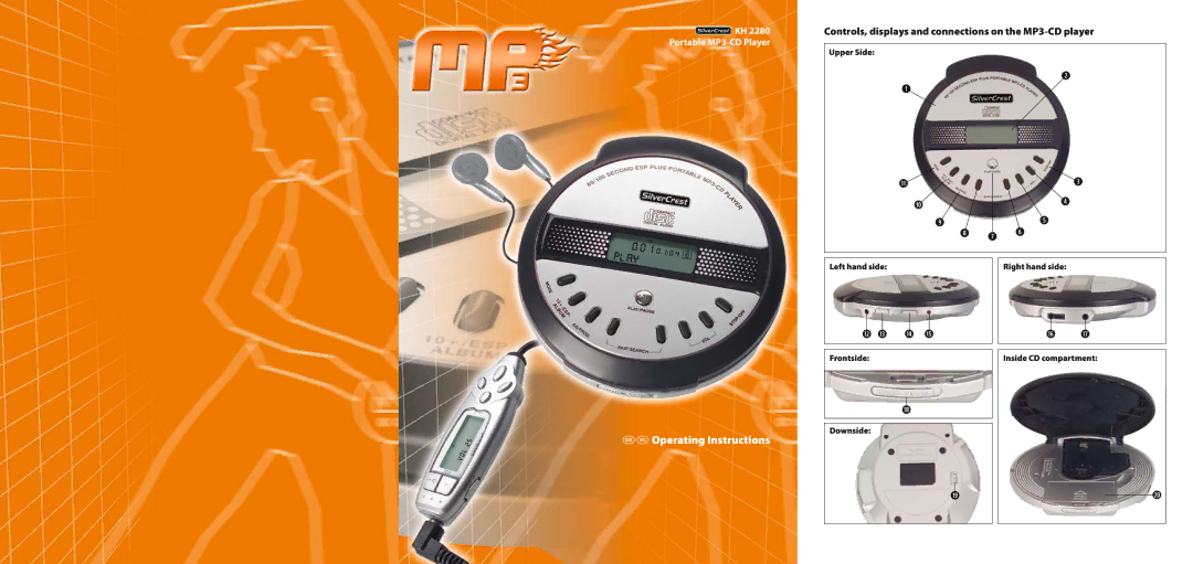 Silvercrest KH 2280 operating instructions Controls, displays and connections on the MP3-CD player, Upper Side 