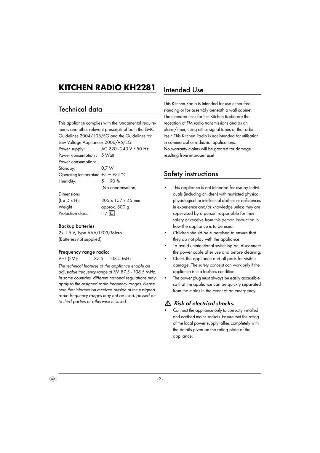 Silvercrest KH 2281 operating instructions Technical data, Intended Use, Safety instructions, Risk of electrical shocks 