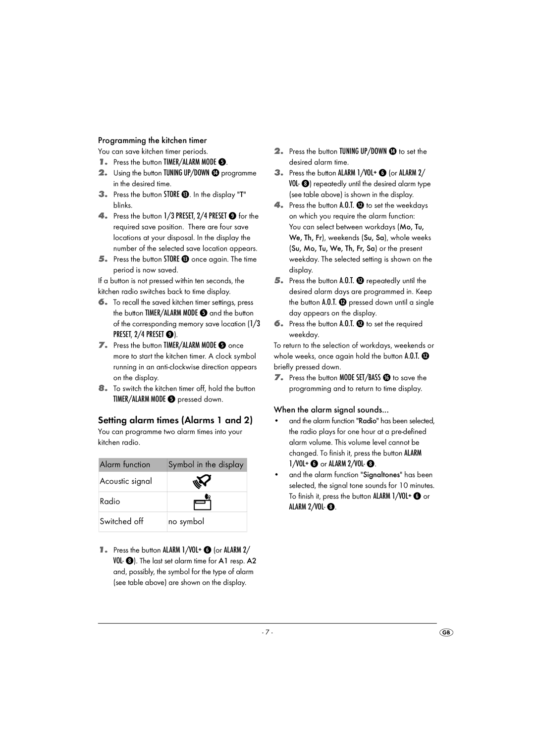 Silvercrest KH 2281 operating instructions Setting alarm times Alarms 1 