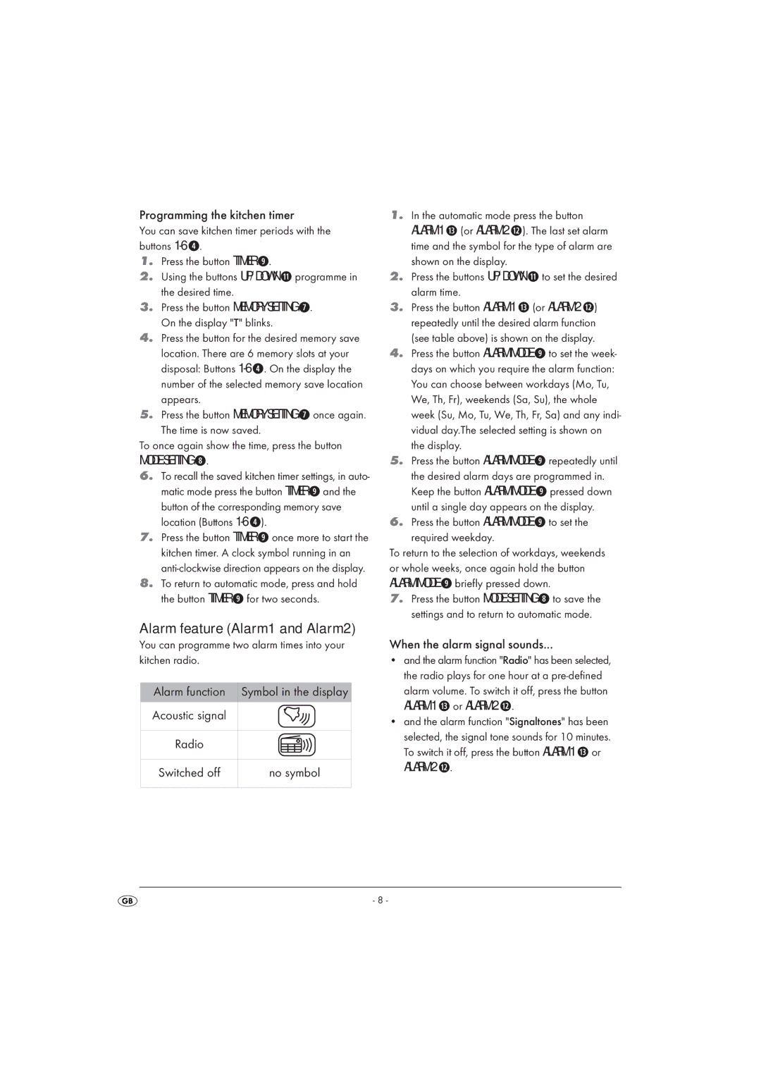 Silvercrest KH 2289 operating instructions Alarm feature Alarm1 and Alarm2 