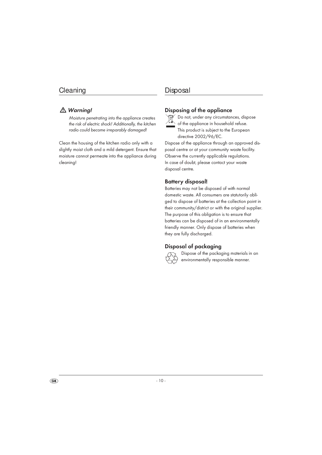 Silvercrest KH 2289 Cleaning Disposal, Disposing of the appliance, Battery disposal, Disposal of packaging 