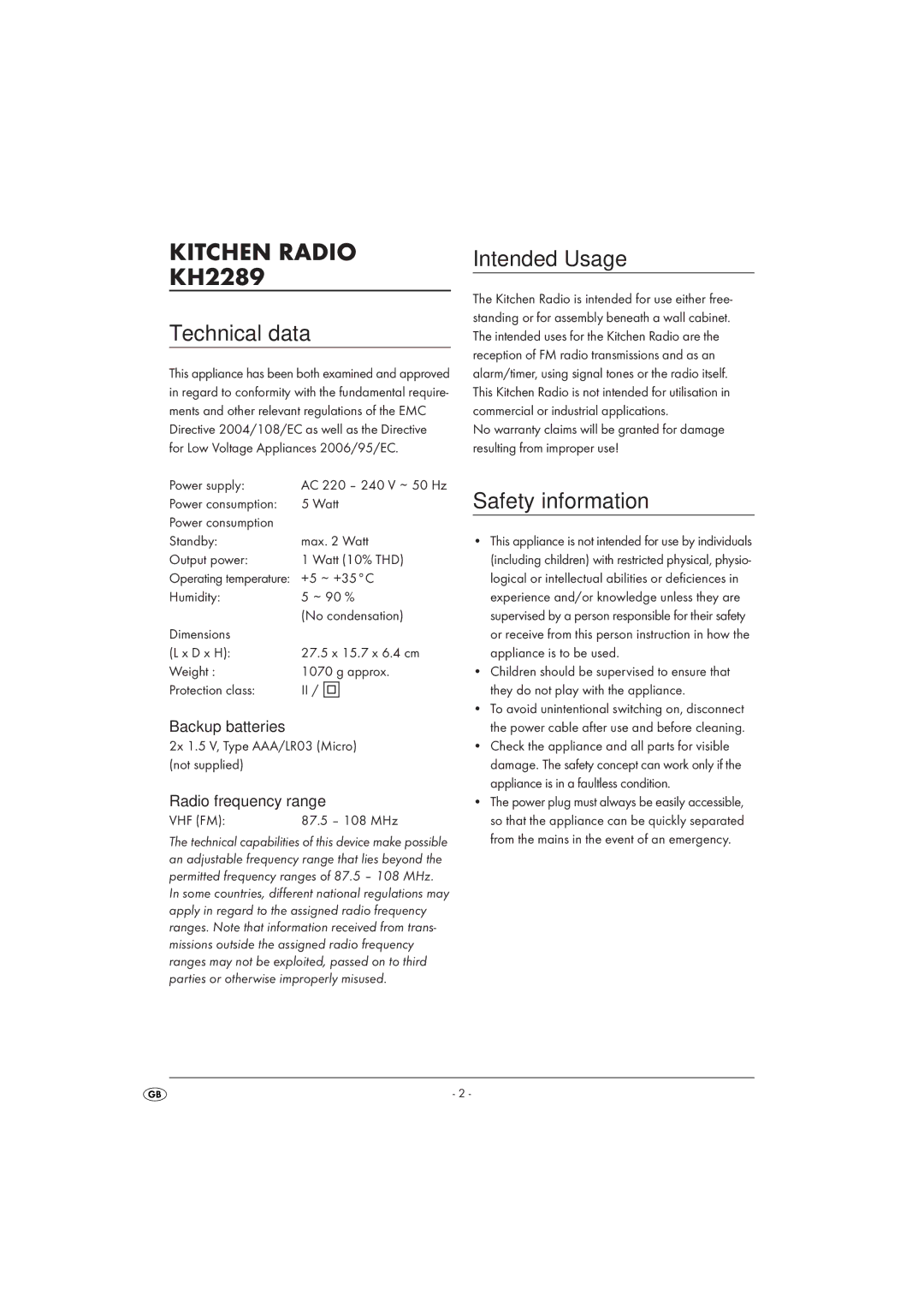 Silvercrest KH 2289 Technical data, Intended Usage, Safety information, Backup batteries, Radio frequency range 