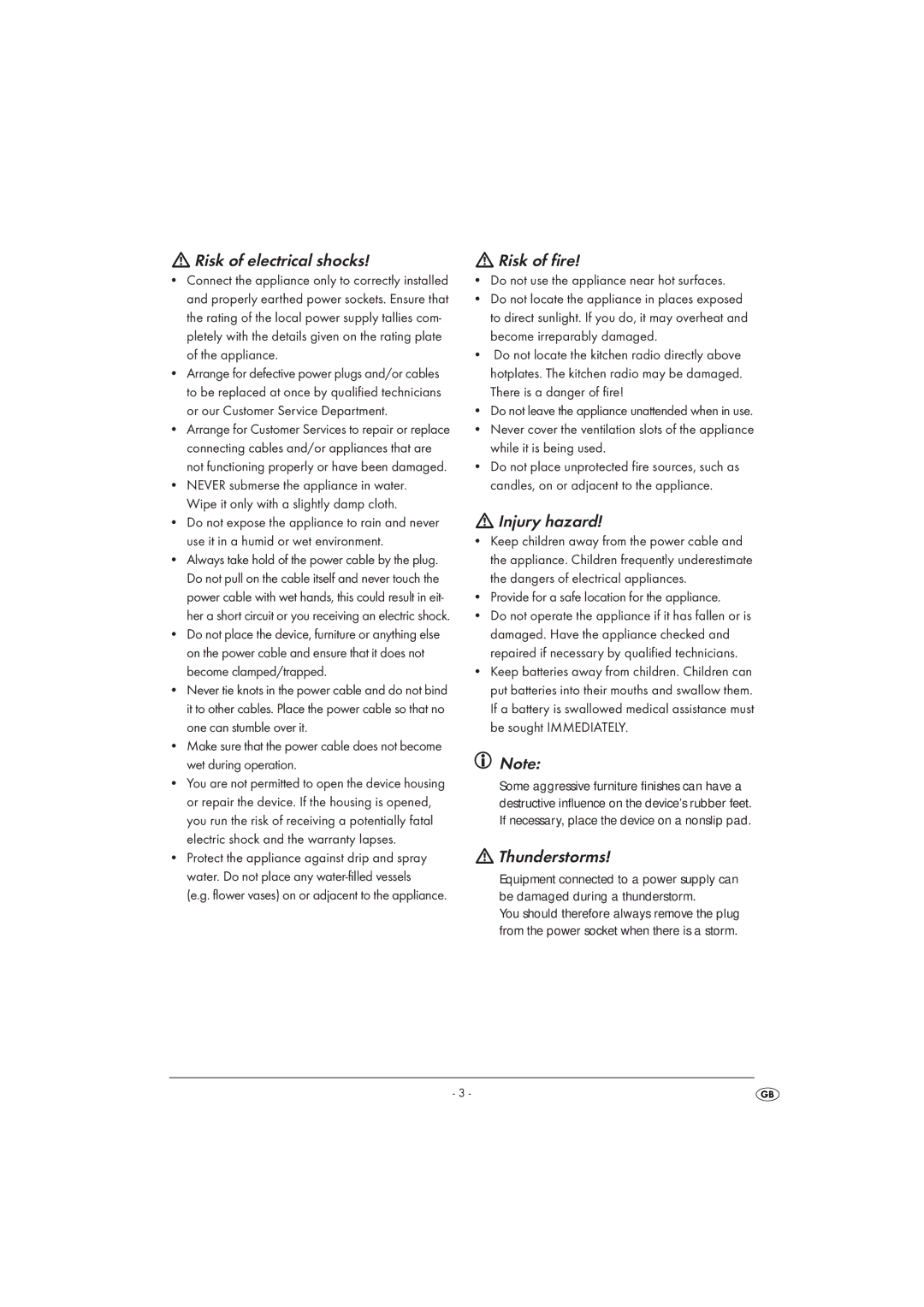 Silvercrest KH 2289 operating instructions Risk of electrical shocks, Risk of fire, Injury hazard, Thunderstorms 