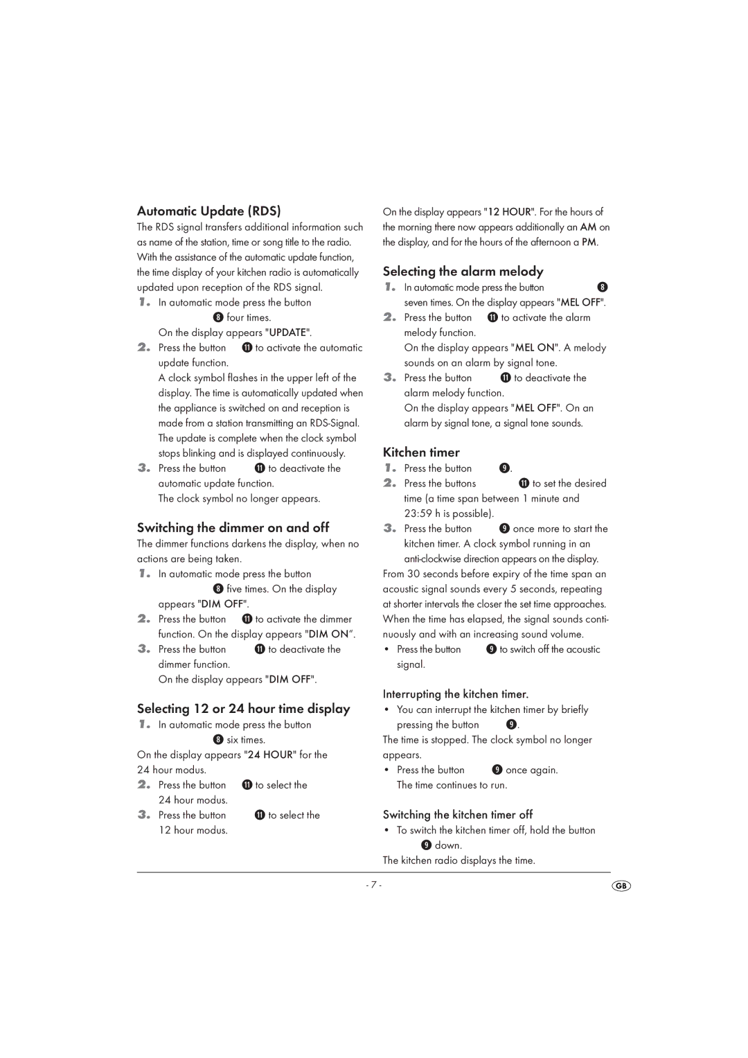 Silvercrest KH 2289 Automatic Update RDS, Switching the dimmer on and off, Selecting 12 or 24 hour time display 