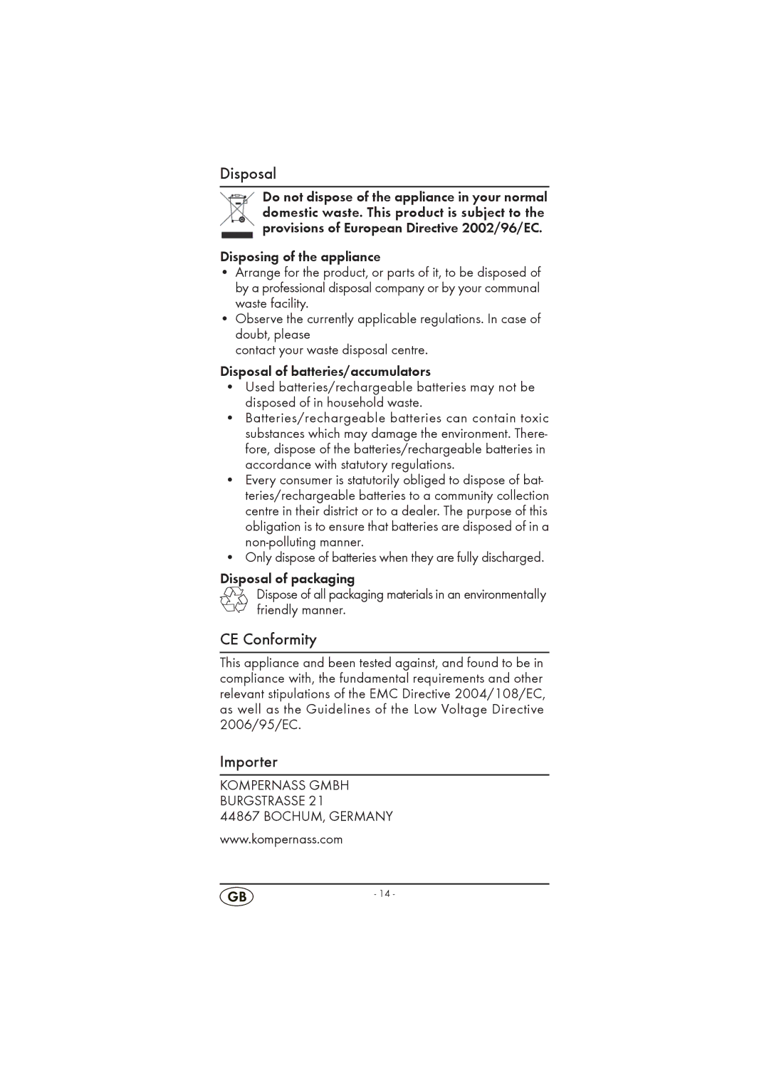 Silvercrest KH 2296 operating instructions Disposal, CE Conformity, Importer 