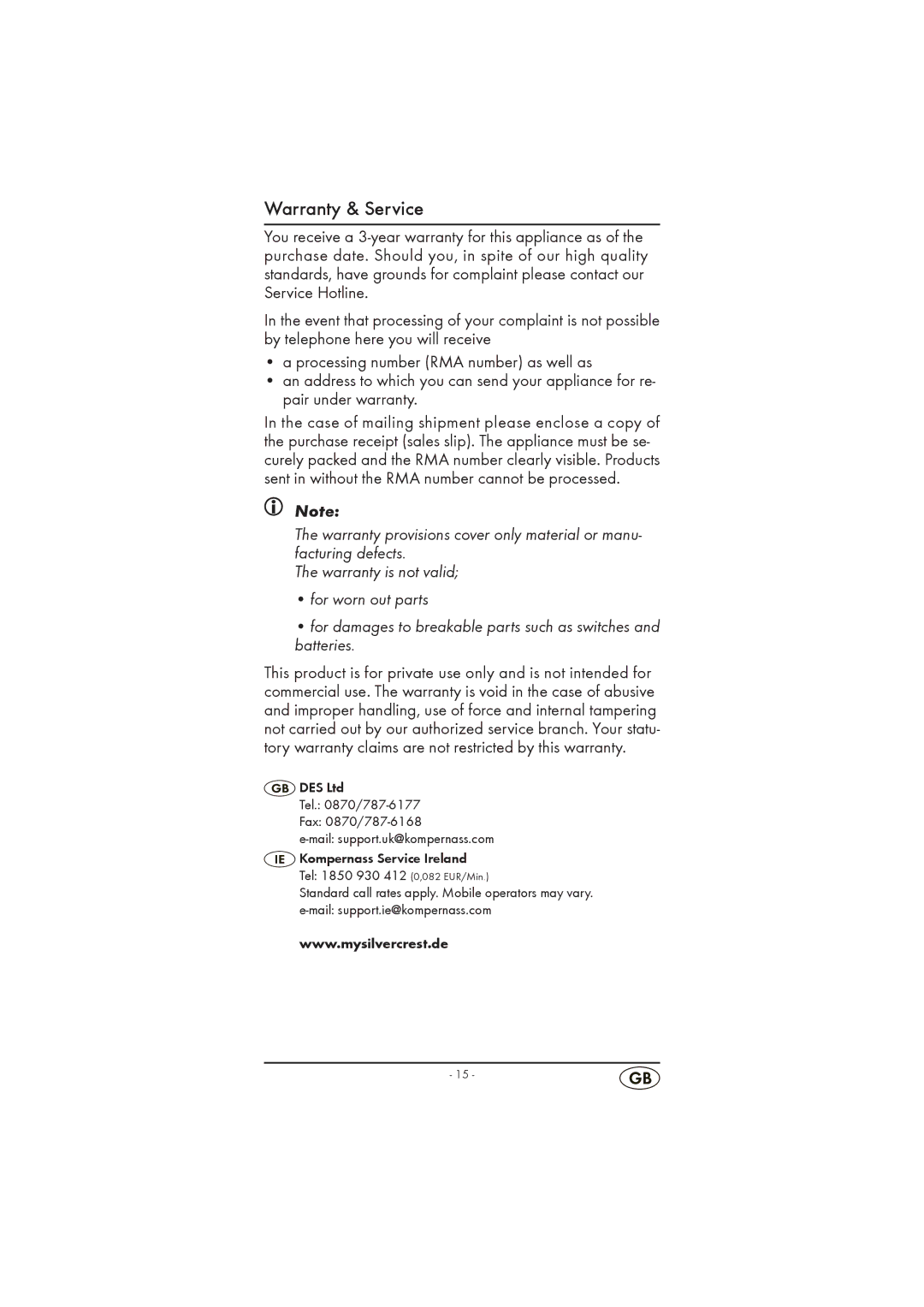 Silvercrest KH 2296 operating instructions Warranty & Service 