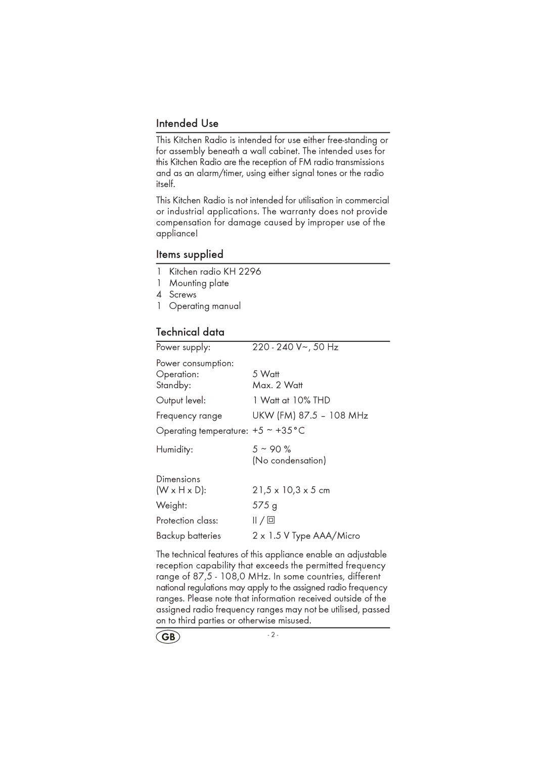 Silvercrest KH 2296 operating instructions Intended Use, Items supplied, Technical data 