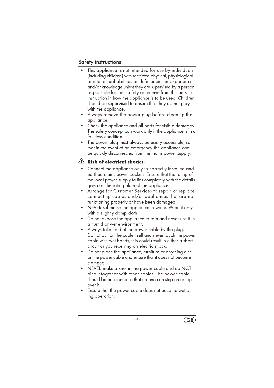 Silvercrest KH 2296 operating instructions Safety instructions, Risk of electrical shocks 