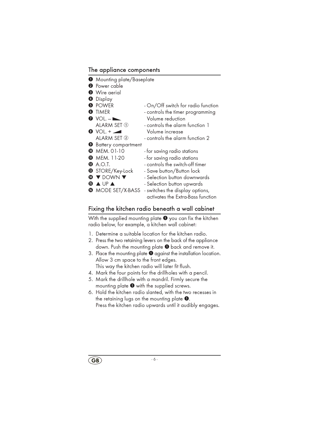 Silvercrest KH 2296 operating instructions Appliance components, Fixing the kitchen radio beneath a wall cabinet 