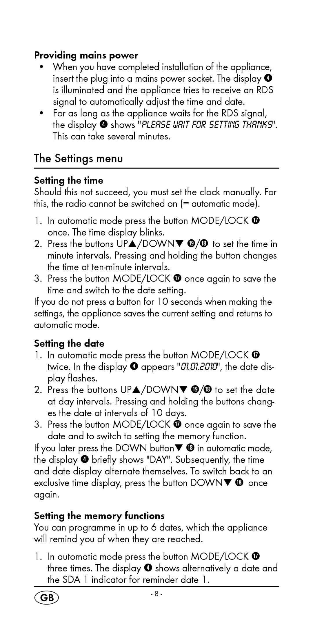 Silvercrest KH 2299 manual Settings menu, Providing mains power, Setting the time 