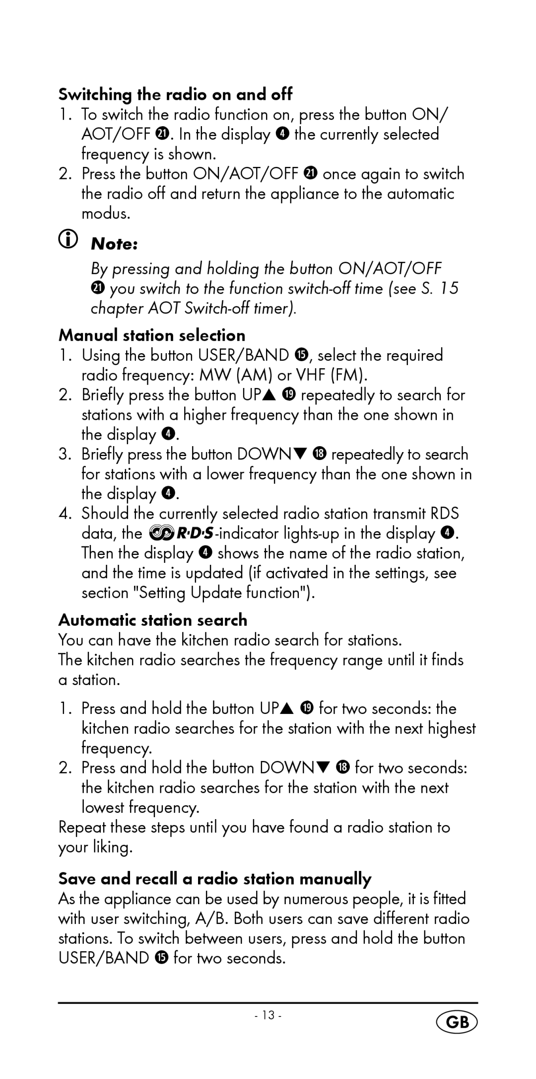 Silvercrest KH 2299 manual Manual station selection 