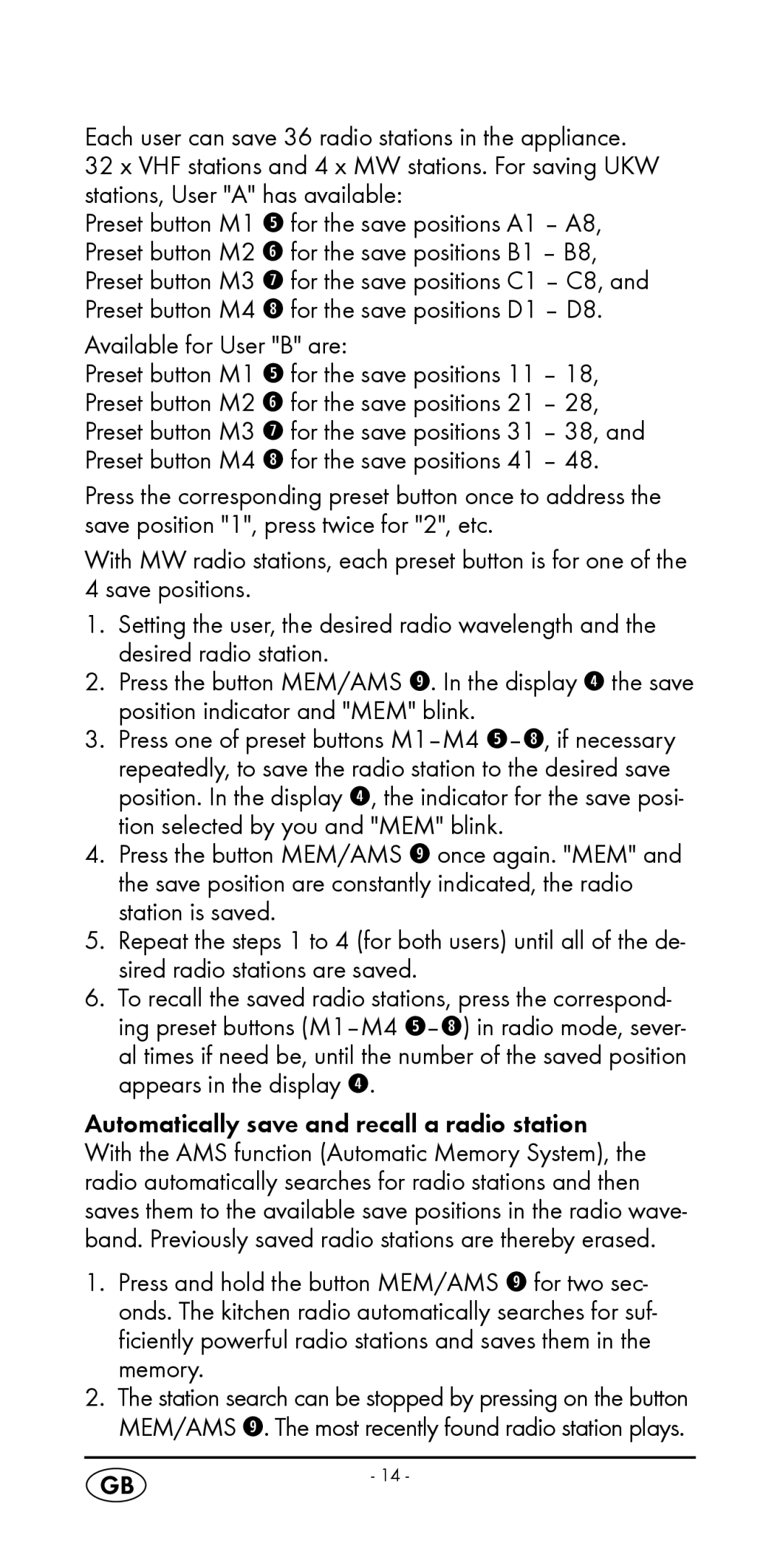 Silvercrest KH 2299 manual Available for User B are 